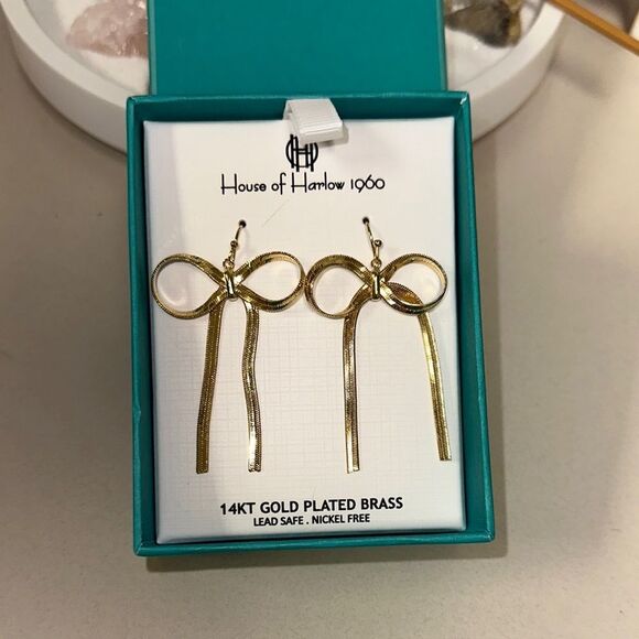 House of Harlow 1960 14KT GOLD PLATED BRASS BOW TIE DANGLING EARRINGS - Picture 1 of 7
